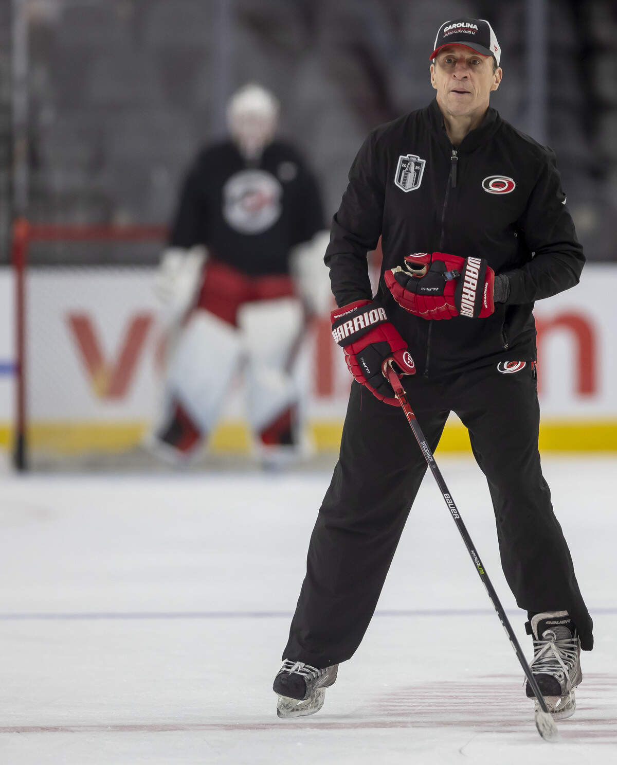 Carolina Hurricanes coach Rod Brind’Amour watches his team during practice on Monday, June 8, 2026 at T-Mobile Arena in Las Vegas, NV.