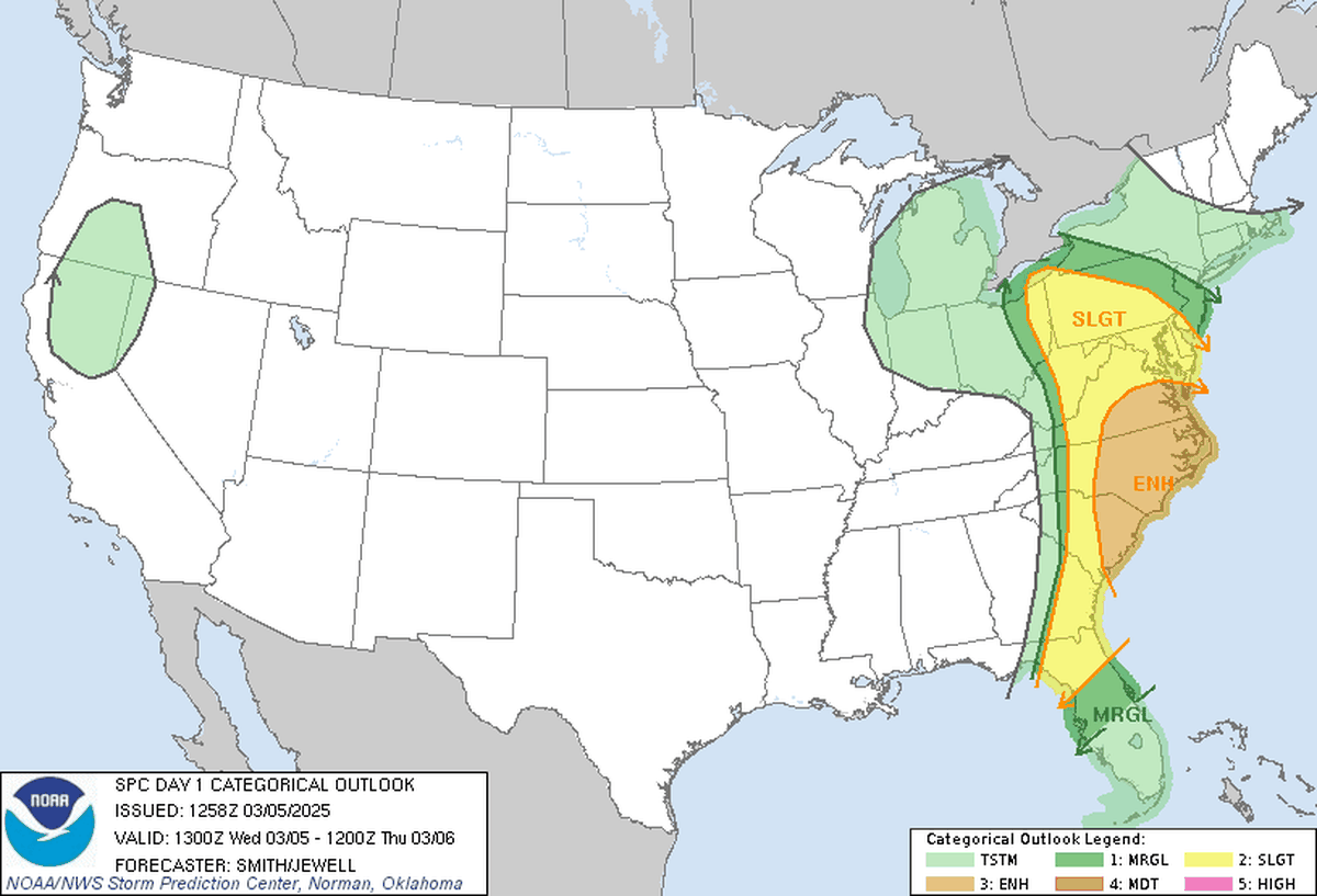 Half of North Carolina, along with much of the East Coast, is at risk for severe weather on March 5, 2025, as a cold front moves through. Dangerous straight-line winds and tornadoes are possible.