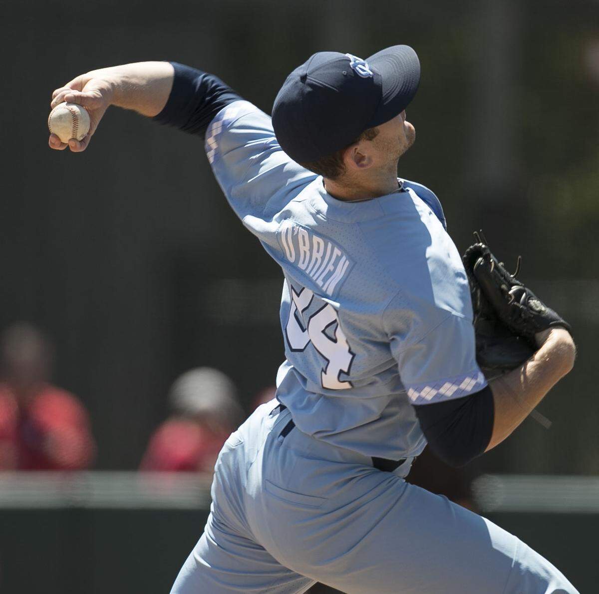 North Carolina pitcher Caden O’Brien (34) follows through after delivering a pitch from the mound in the third inning against N.C. State on Sunday, April 29, 2018 at Doak Field in Raleigh, N.C. O’Brien was credited with the win after North Carolina defeated N.C. State 5-4.