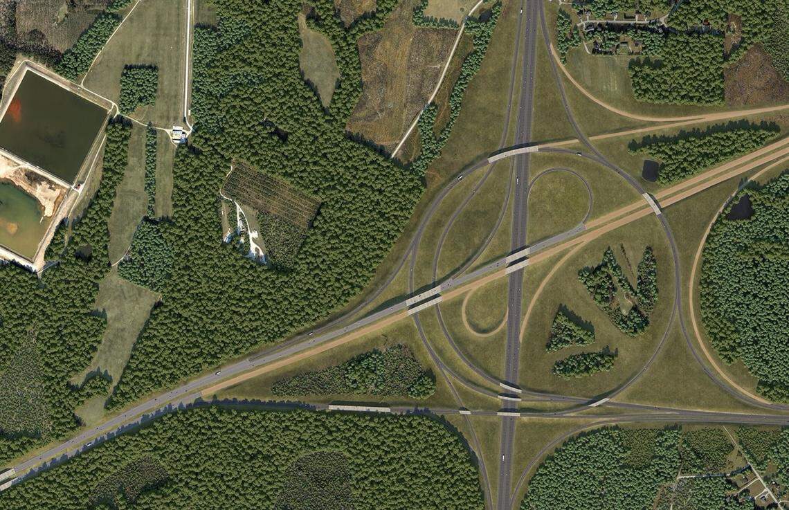 This rendering shows the “turbine” interchange that will handle traffic where Interstate 40 (center) meets N.C. 540 (lower left and upper right) and N.C. 70 (lower right) in Johnston County.