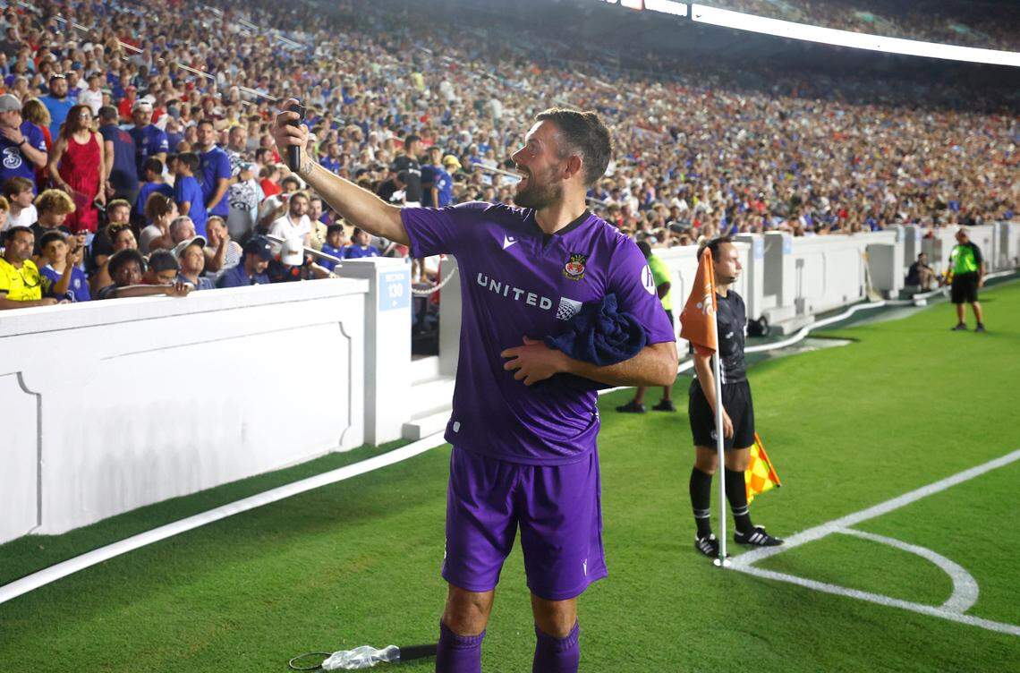 Wrexham goalkeeper Ben Foster takes a selfie late in the second half of Chelsea Football Club’s 5-0 over Wrexham AFC in a friendly match at Kenan Stadium in Chapel Hill, N.C., Wednesday, July 19, 2023.