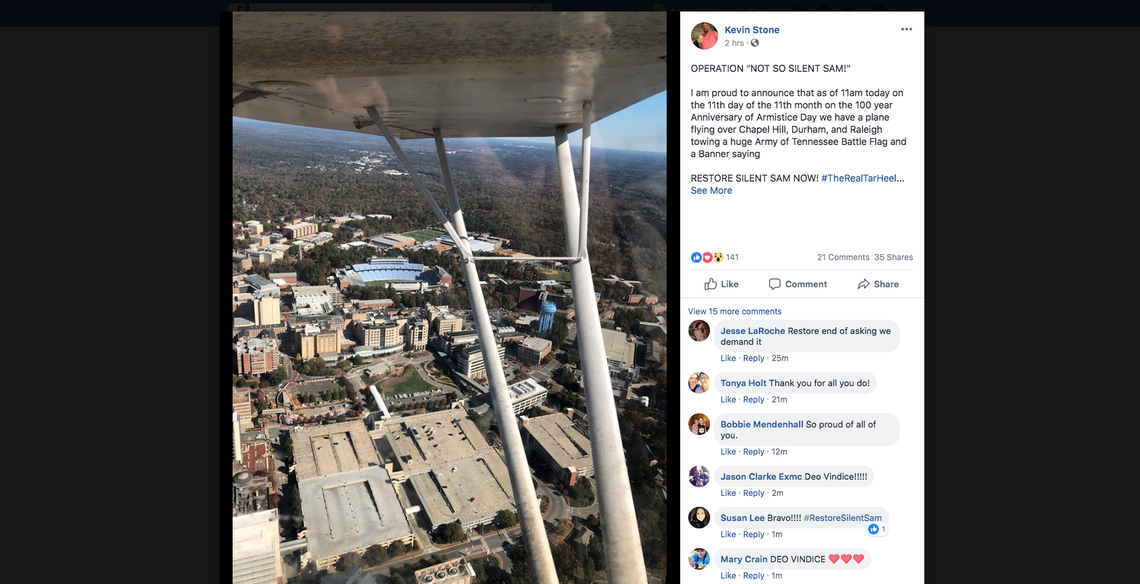 A screenshot from Kevin Stone’s Facebook page describes a plane flying a Silent Sam banner around the Triangle.