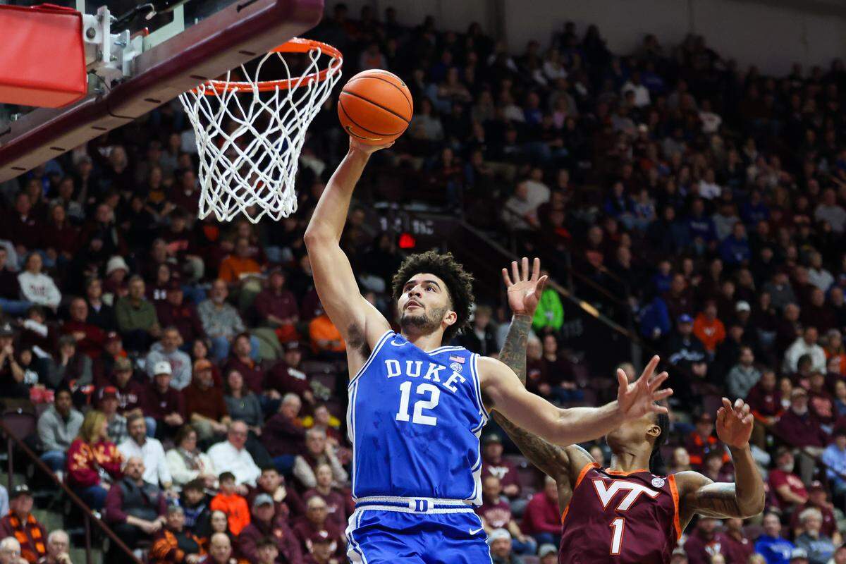 Duke’s Cameron Boozer goes up for a dunk against the Virginia Tech Hokies, January 31, 2026 in Blacksburg, Virginia.  