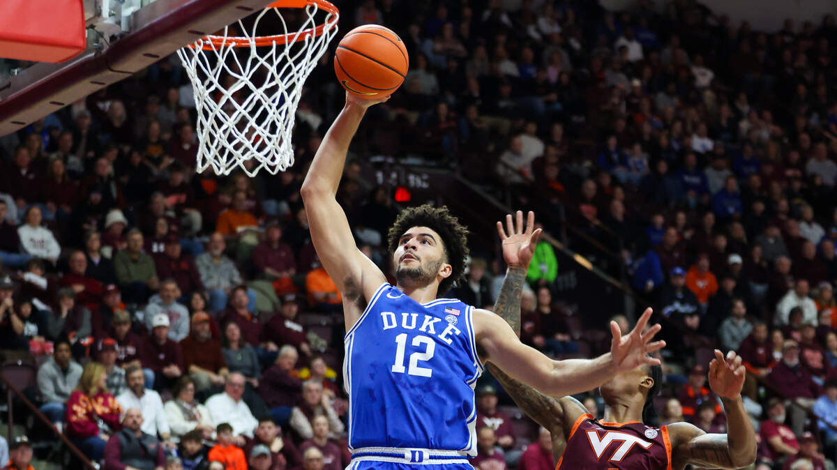 Duke’s Cameron Boozer goes up for a dunk against the Virginia Tech Hokies, January 31, 2026 in Blacksburg, Virginia.