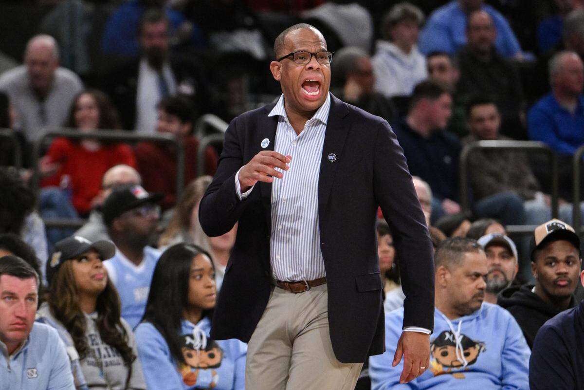 North Carolina Tar Heels head coach Hubert Davis reacts during the first half against the UCLA Bruins at Madison Square Garden.