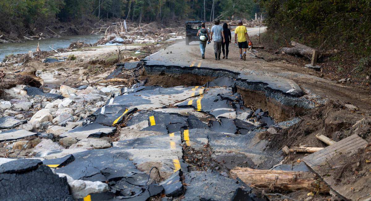 Green River Cove Road, along the Green River was destroyed by historic flooding in the wake of Hurricane Helene on Monday, October 7, 2024 near Saluda, N.C.