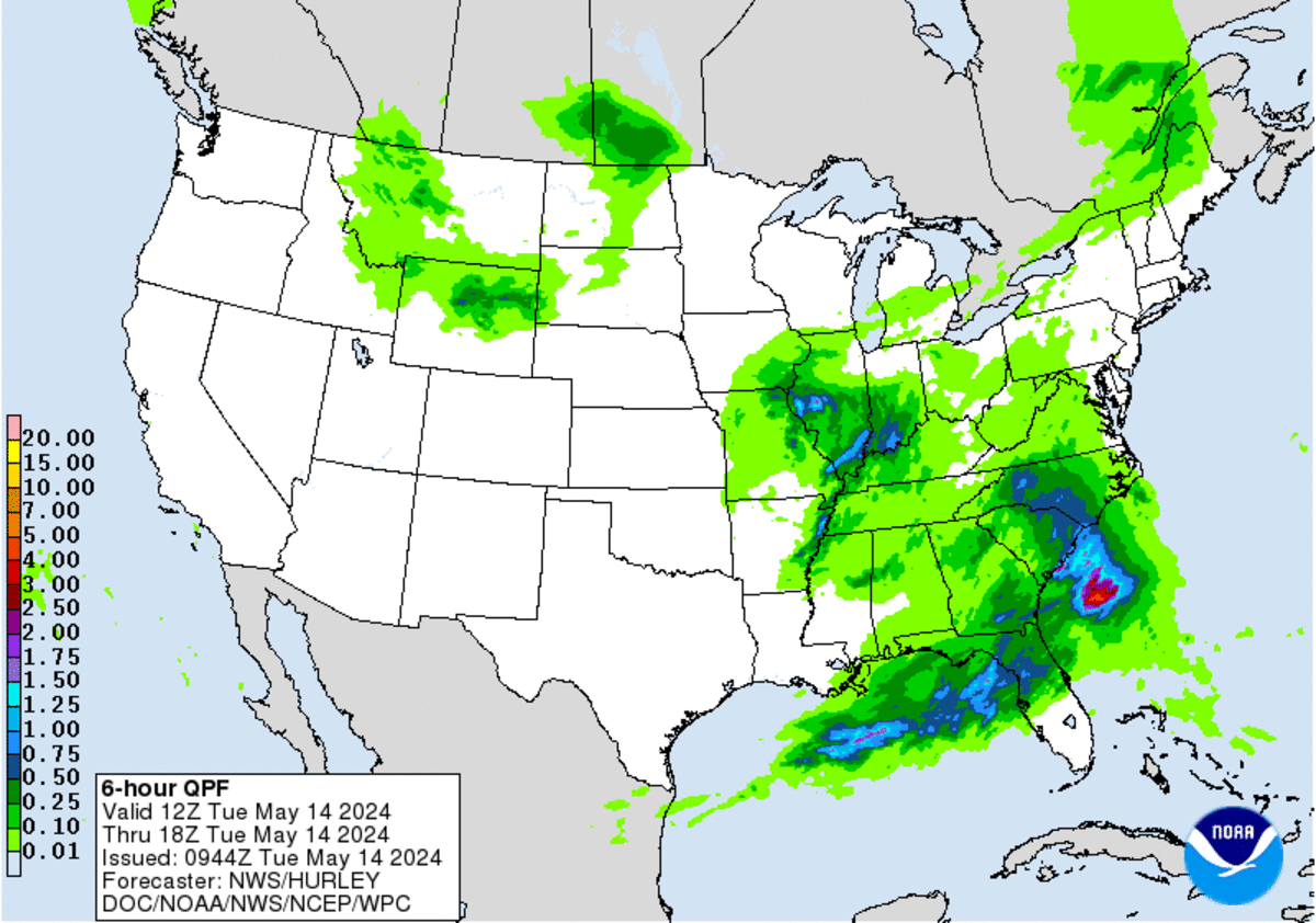 Showers and thunderstorms will move into the Southeastern U.S. Tuesday. In parts of North Carolina, up to an inch of rain is possible and some counties have a small chance of damaging wind and large hail. Tuesday afternoon and evening.