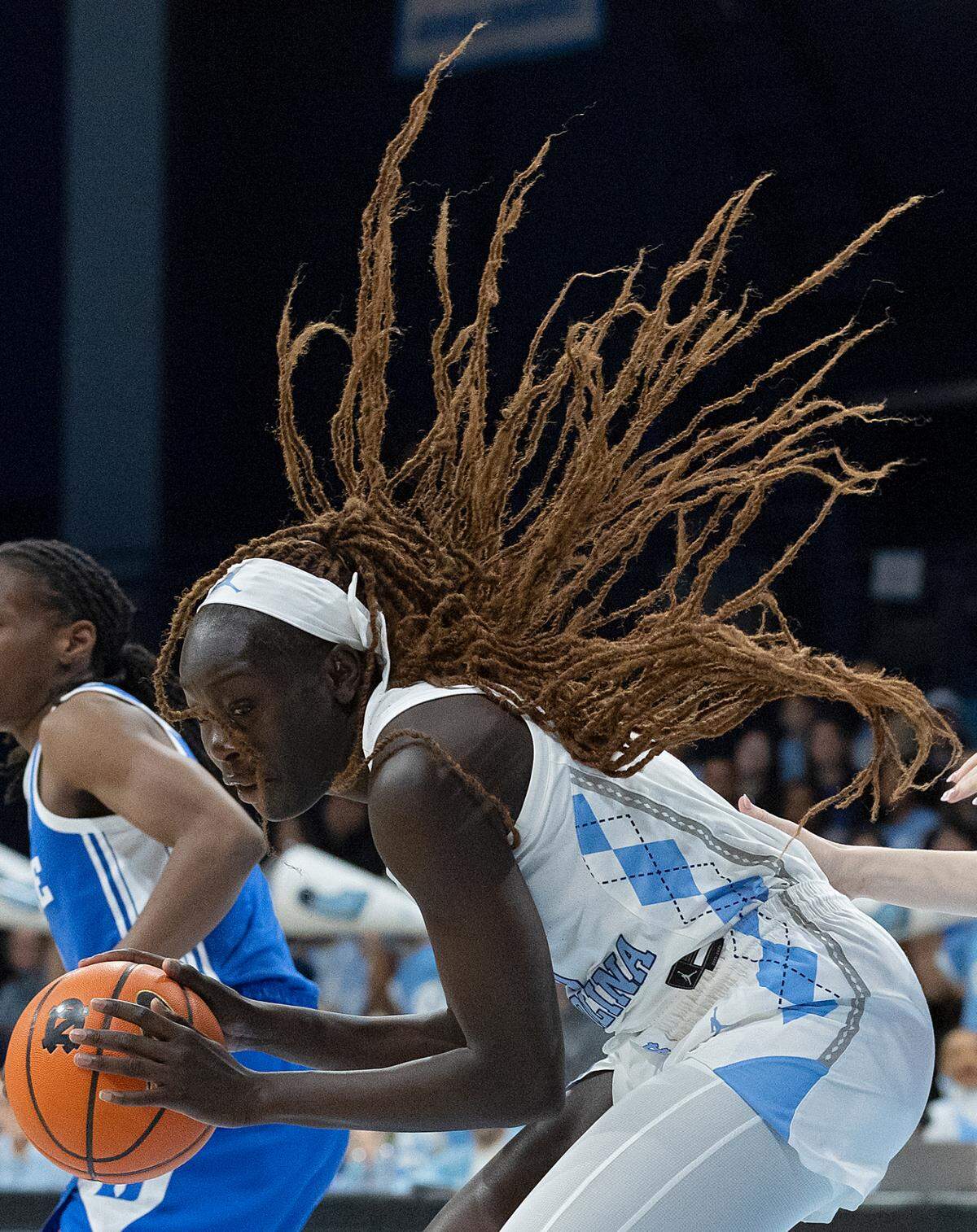 North Carolina’s Maria Gakdeng handles the ball during the first half of the Tar Heels’ 53-46 overtime victory over Duke on Thursday, Jan. 9, 2025, at Carmichael Arena in Chapel Hill, N.C.