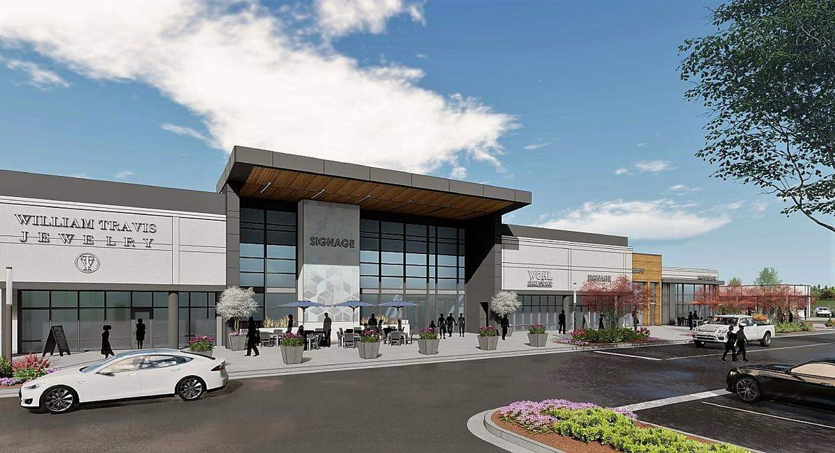 The current Estes Drive facade of University Place mall could get a facelift, replacing the current lobby-style entrance with doors on three sides with a sidewalk dining feature and a more modern storefront leading to a 23,000-square-foot food hall.