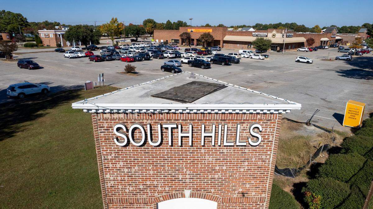 An aerial view of the South Hills shopping center in Cary on Friday, October, 25, 2024.