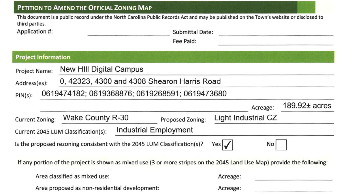 The first page of the rezoning applications for the New Hill Digital Campus submitted to the town of Apex.