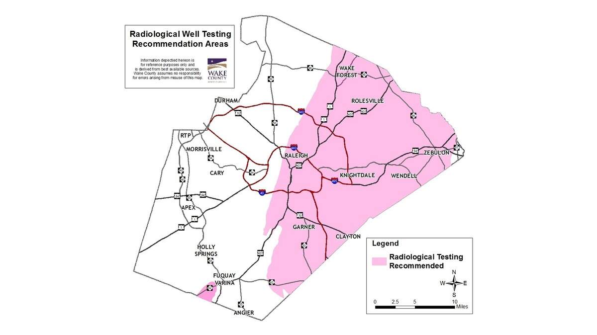 Area where people are recommended to get radiological testing for their well water.