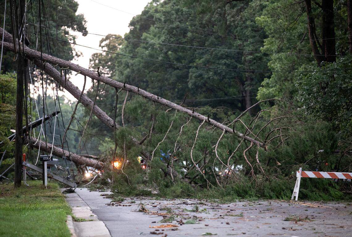 A downed tree blocks Cole Mill Road following strong storms in Durham, N.C. on Tuesday, Aug. 15, 2023.