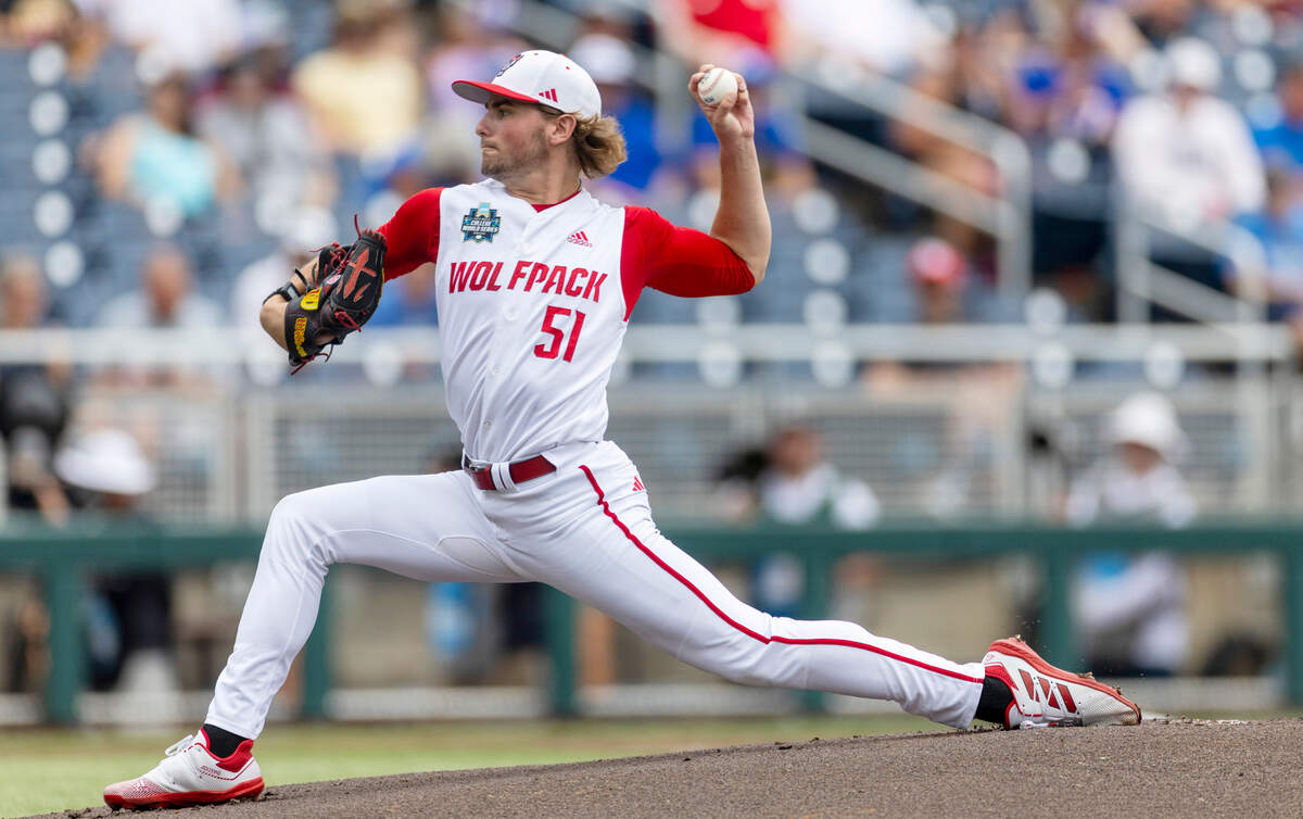 Starting pitcher Dominic Fritton (51) works from the mound in the first inning against Florida in game seven of the College World Series on Monday, June 17, 2024 at Charles Schwab Field in Omaha, Nebraska.