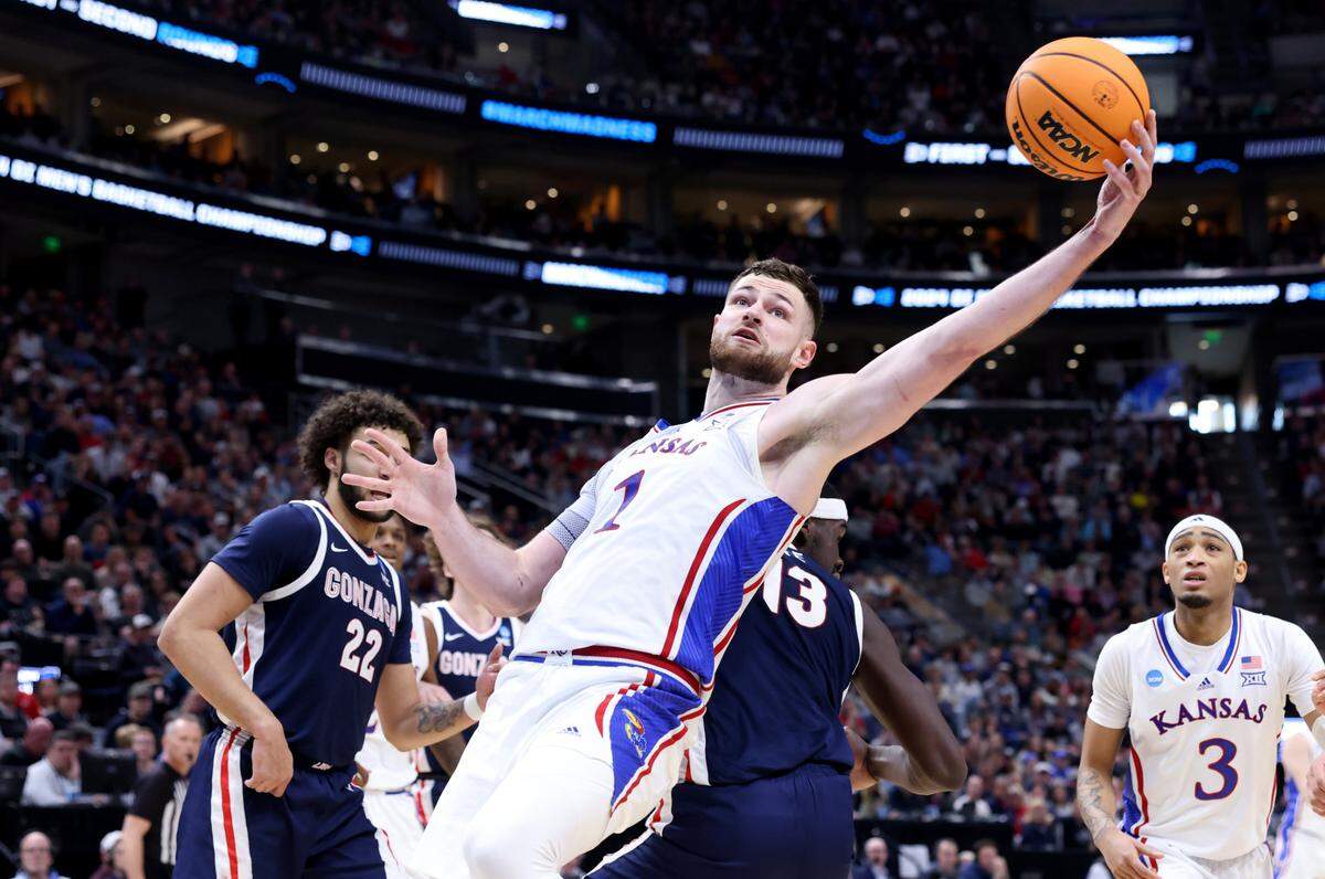 Kansas Jayhawks center Hunter Dickinson (1) rebounds during the second half in the second round of the 2024 NCAA Tournament against the Gonzaga Bulldogs at Vivint Smart Home Arena-Delta Center.