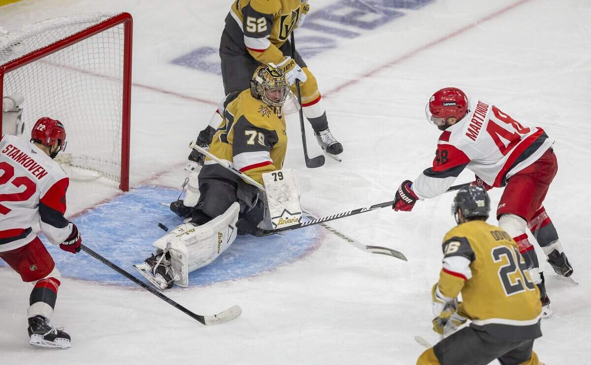 Carolina Hurricanes left wing Jordan Martinook (48) scores on Vegas goalie Carter Hart (79) to cut the Vegas lead to 4-1 in the third period in Game 3 of the Stanley Cup Final, on Saturday, June 6, 2026 at T-Mobile Arena in Las Vegas, NV.