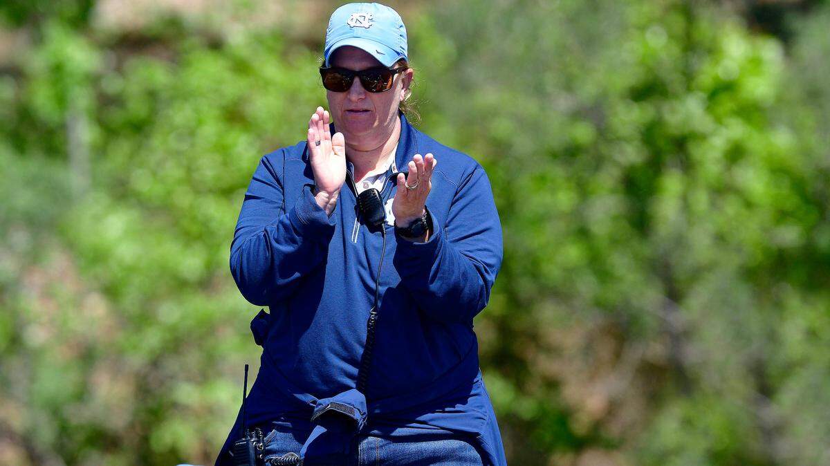 Sarah Haney was UNC’s rowing coach at the Lake Wheeler Invitational in April 2019.