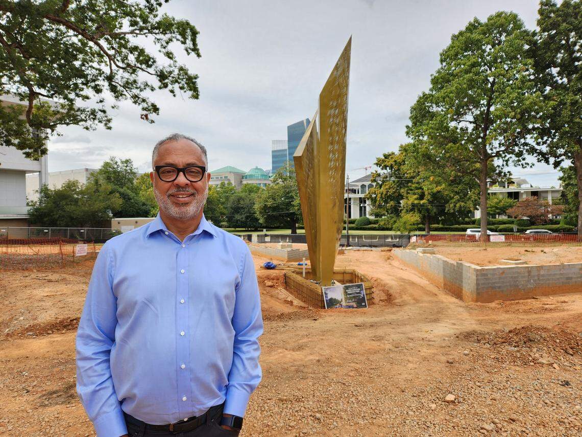 Chuck Watts, pictured on Sept. 29, 2022 at the construction of North Carolina Freedom Park in downtown Raleigh, is the grandson of Lyda Moore Merrick, whose quotation will be among the 20 inscribed at the park.