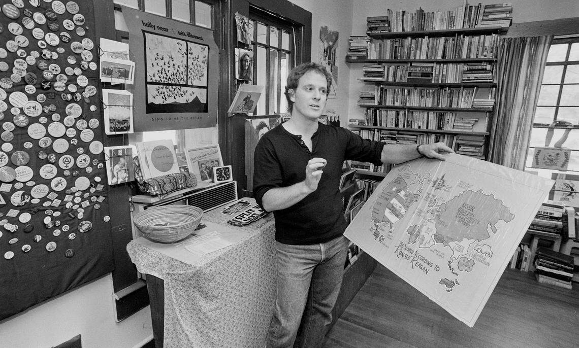 Bob Sheldon, photographed in his bookstore, Internationalist Books, in Chapel Hill in 1980.