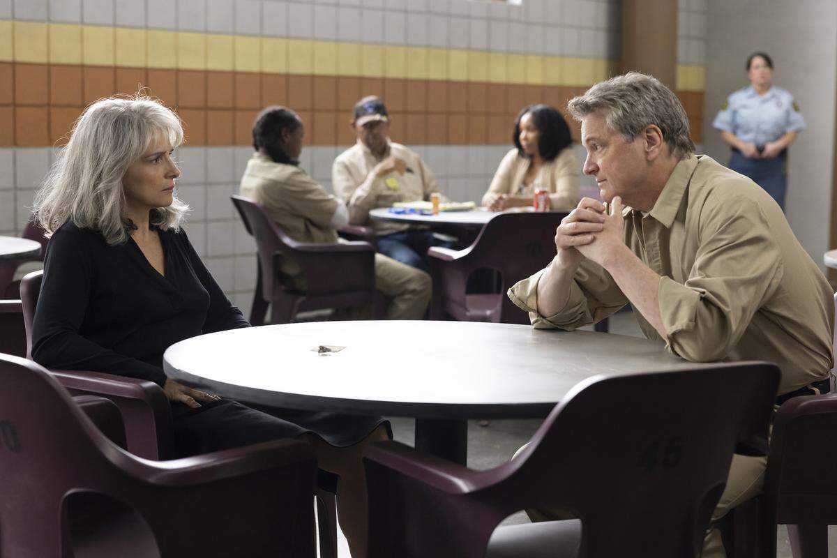 Juliette Binoche as Sophie Brunet and Colin Firth as Michael Peterson in the HBO Max series “The Staircase.”