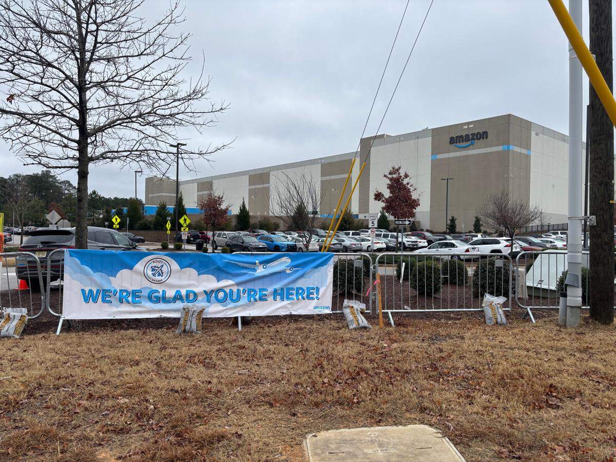 An Amazon sign promotes corporate unity during the multi-day union election at the company’s RDU1 facility in Garner, North Carolina.