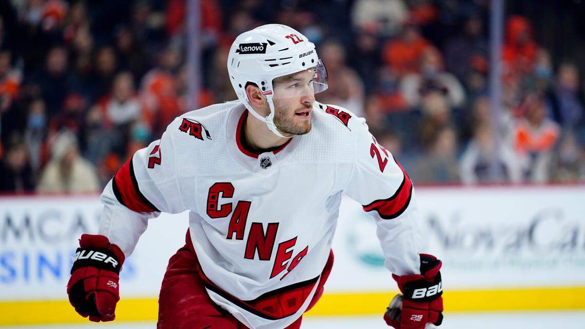 Carolina Hurricanes’ Brett Pesce plays during an NHL hockey game, Friday, Nov. 26, 2021, in Philadelphia. (AP Photo/Matt Slocum)