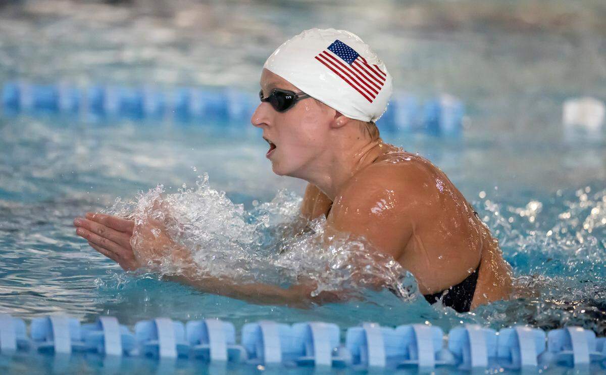 Olympic gold medalist Katie Ledecky works out during the United States Olympic Swim Team practice on Saturday, July 6, 2024 at the Triangle Aquatic Center in Cary, N.C.