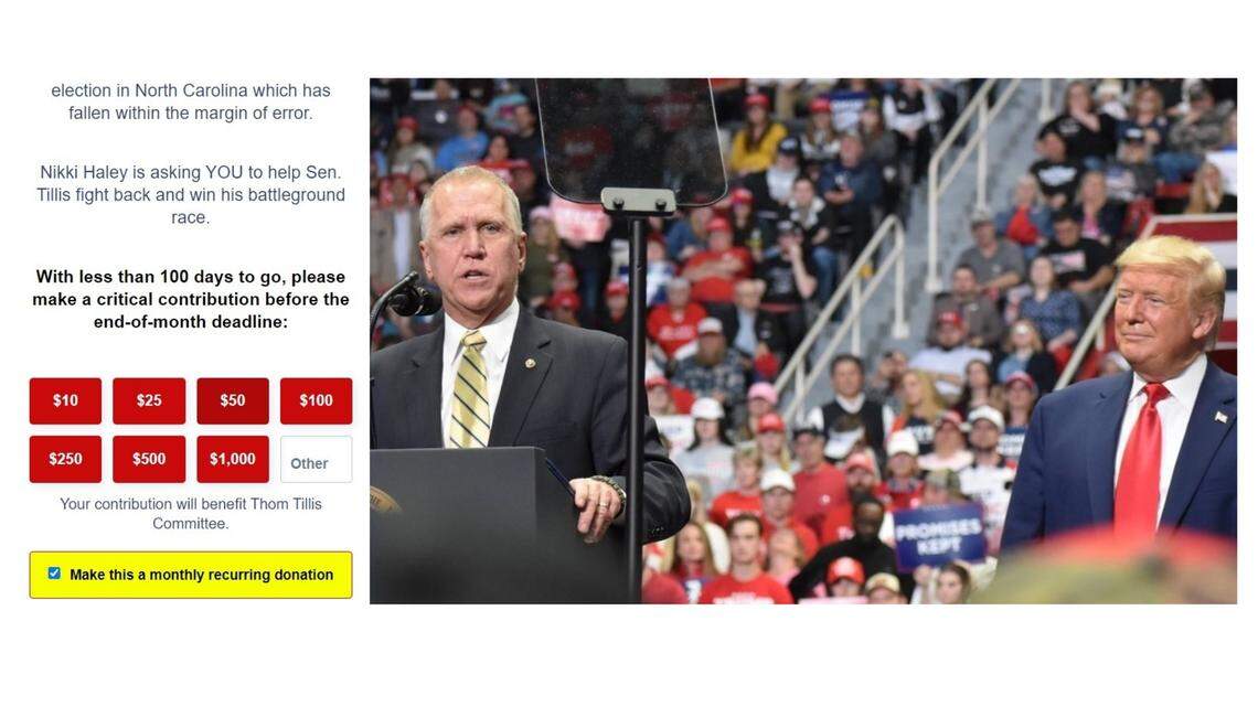 This WinRed fundraising page for U.S. Sen. Thom Tillis, set up by former South Carolina Gov. Nikki Haley, has a box automatically checked for monthly contributions.