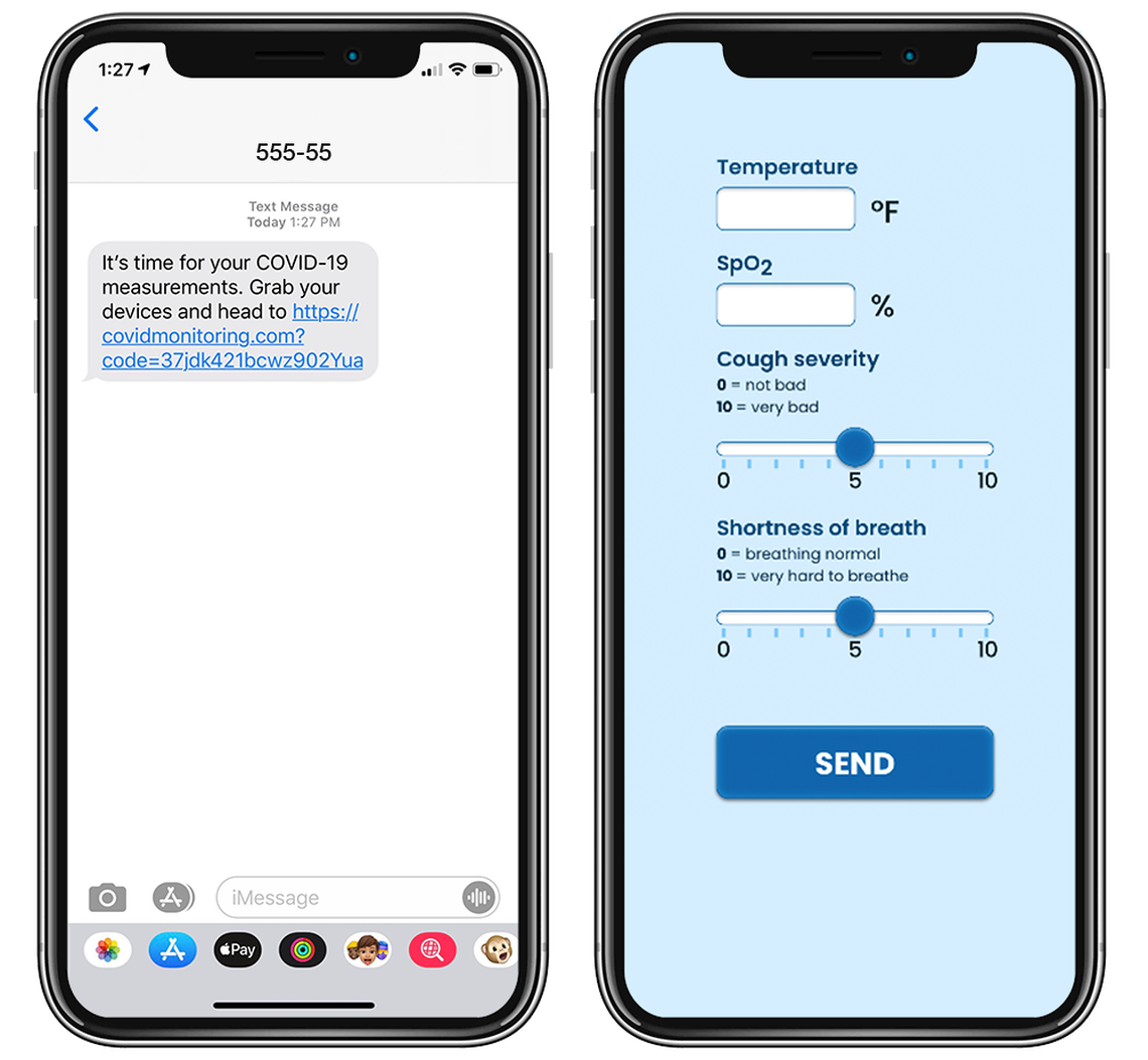 An example of the questions and interface someone being monitored for COVID-19 would be presented with.