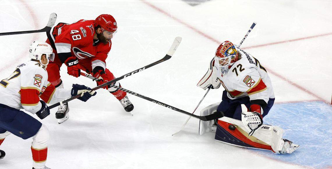 Carolina left wing Jordan Martinook (48) can’t make the short-handed goal as Florida goaltender Sergei Bobrovsky (72) defends during the first period of game two between the Hurricanes and Panthers in the Eastern Conference Finals at PNC Arena in Raleigh, N.C., Saturday, May 20, 2023.