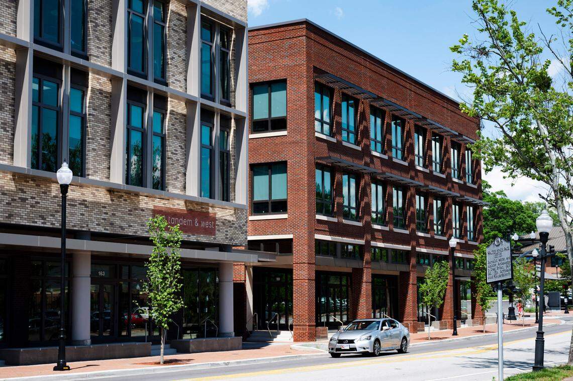 Rogers West and Rogers East, one building connected by a three story atrium style lobby, house workspaces, retail shops, restaurants and small businesses in downtown Cary, N.C. Pictured on Tuesday, May 28, 2024.