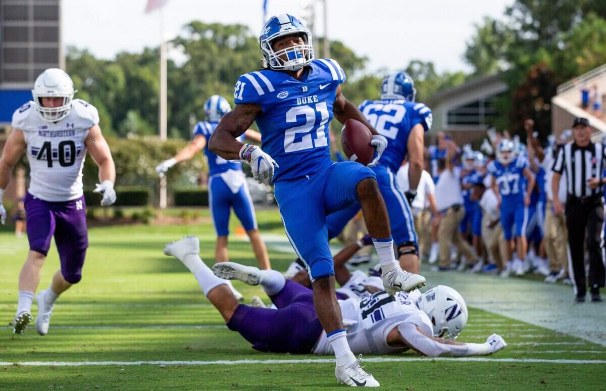 Duke’s Mataeo Durant (21) carries the ball for a touchdown past during the first half of an NCAA football game against Northwestern in Durham, N.C., Saturday, September 18, 2021.