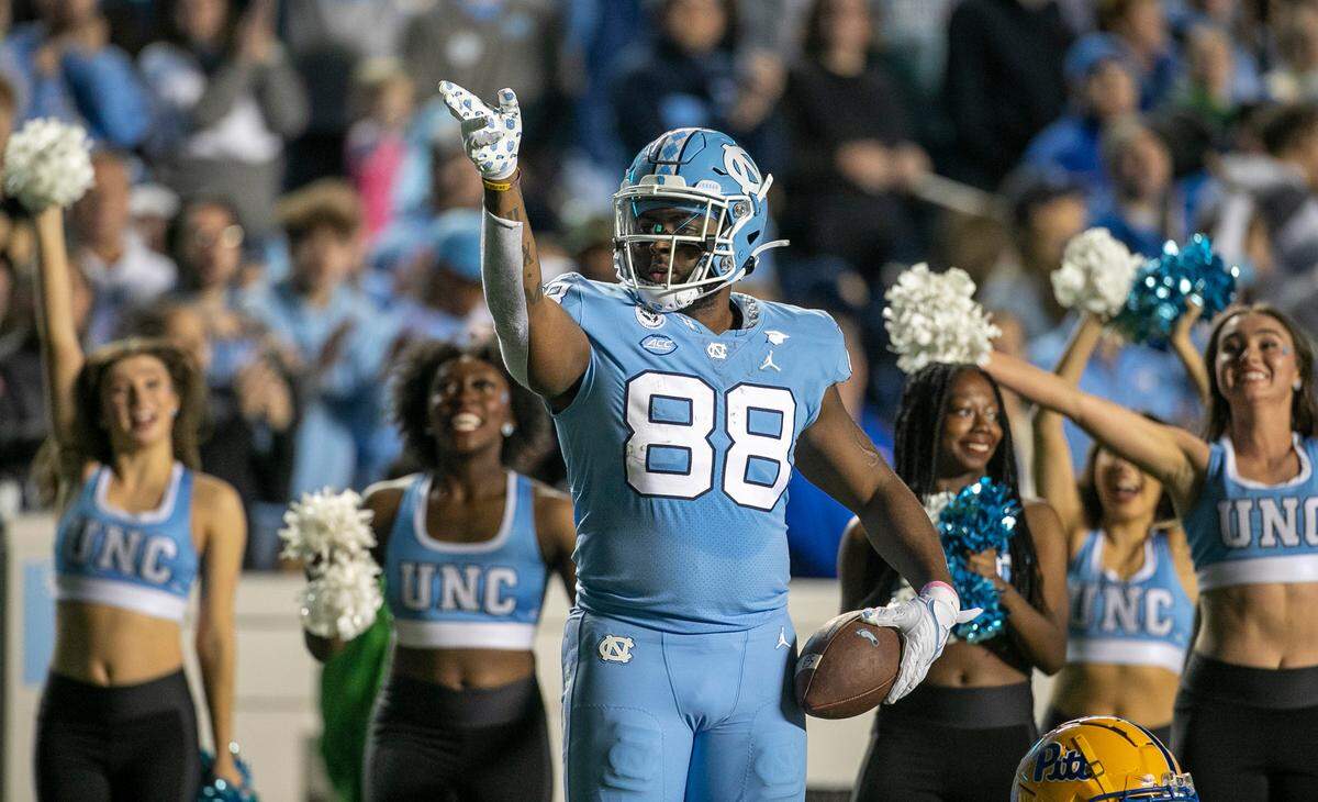 North Carolina’s Kamari Morales (88) reacts after a 22-yard pass reception from quarterback Drake Maye to set up a touchdown on the next play against Pitt in the fourth quarter on Saturday, October 29, 2022 at Kenan Stadium in Chapel Hill, N.C.