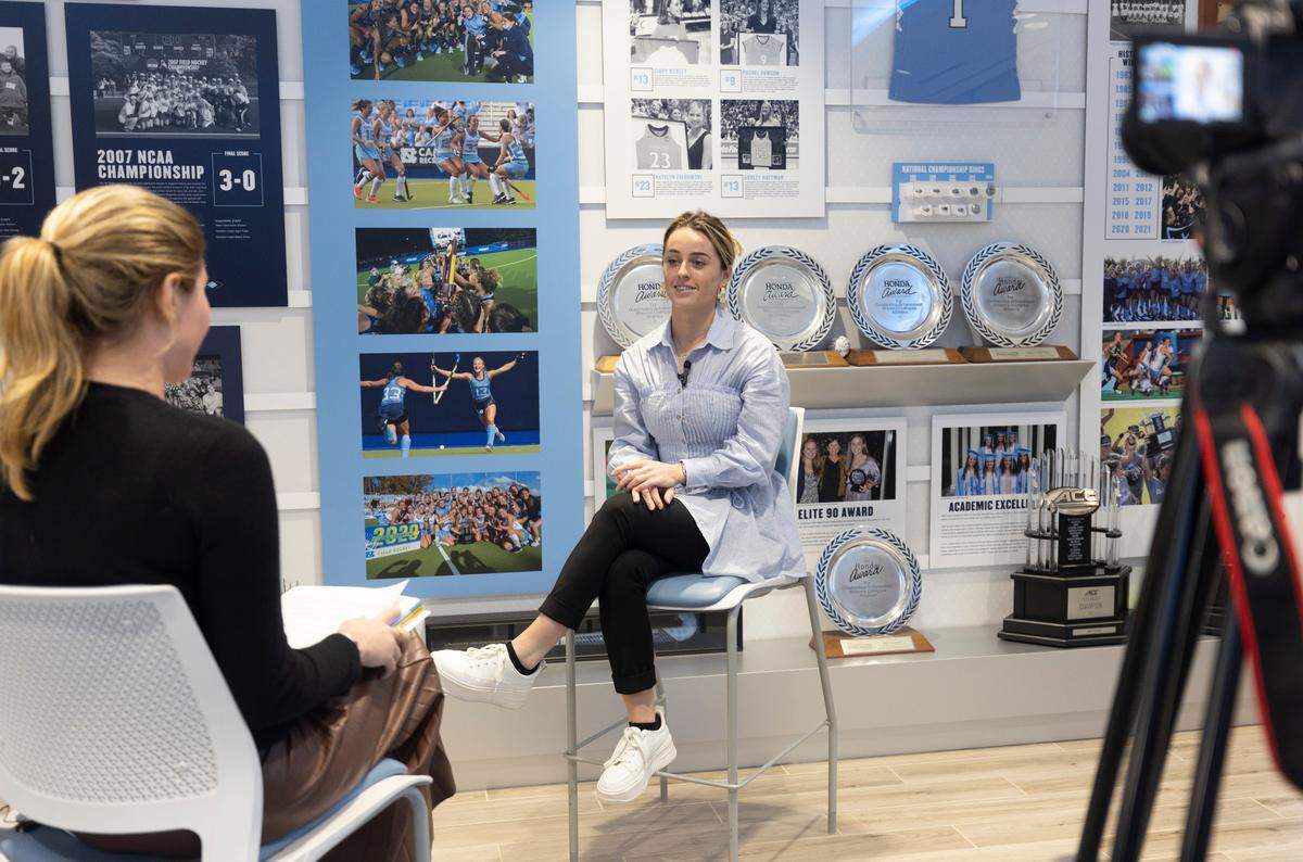 North Carolina field hockey coach Erin Matson does an interview with ‘Sports Extra’ from the Hussman School of Journalism on Thursday, February 2, 2023 in Chapel Hill, N.C. Matson was named head coach earlier this week, succeeding Karen Shelton who announced her retirement last year after 42 seasons. Matson, a former player, led UNC to four NCAA Championships.