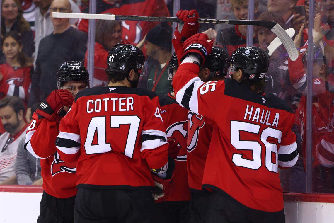 New Jersey Devils right wing Stefan Noesen (11) celebrates his goal against the Utah Hockey Club during the second period at Prudential Center.