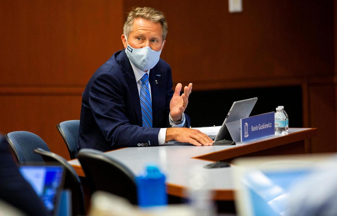 UNC Chapel Hill Chancellor Kevin Guskiewicz speaks during a UNC Board of Trustees meeting in which they voted to voted to remove the names from the Daniels Building, Carr Building, Ruffin Residence Hall and Aycock Residence Hall, and approved a new policy for renaming campus buildings, on Thursday, July 16, 2020, in Chapel Hill, N.C.