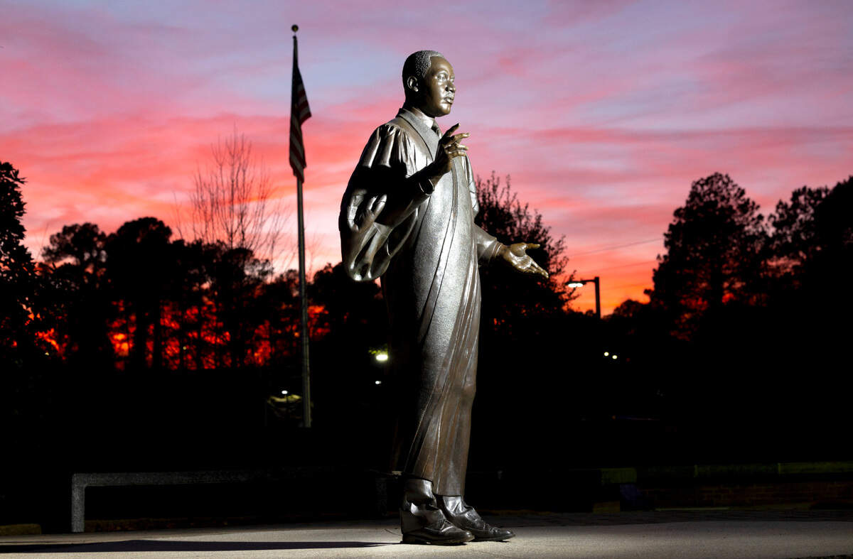 The life-size Martin Luther King, Jr. statue stands in the Dr. Martin Luther King, Jr. Memorial Gardens in Raleigh, N.C. Photographed Wednesday, Jan. 10, 2024.