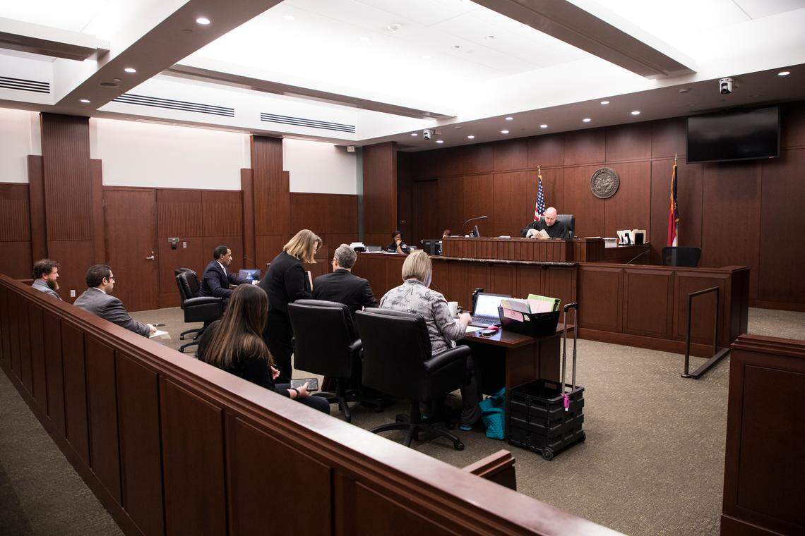 District Court Judge Eric Chasse presides over first-appearance hearings at the Wake County Justice Center in Raleigh on Jan. 23. In North Carolina, magistrates and judges set defendants’ bond.