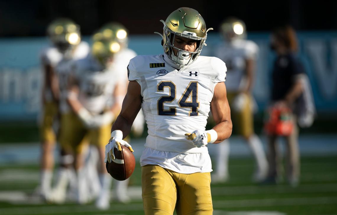 Notre Dame’s Tommy Tremble (24) warms up for their game against North Carolina on Saturday, November 27, 2020 at Kenan Stadium in Chapel Hill, N.C.