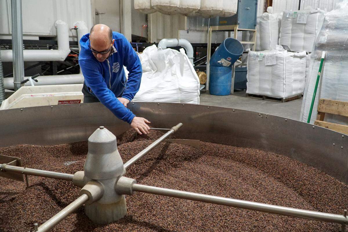 Sebastian Wolfrum, owner and head maltster at Epiphany Craft Malt, inspects roasted barley seeds as they cool. Wolfrum sells malt, a key ingredient in beer, to breweries like Fullsteam.