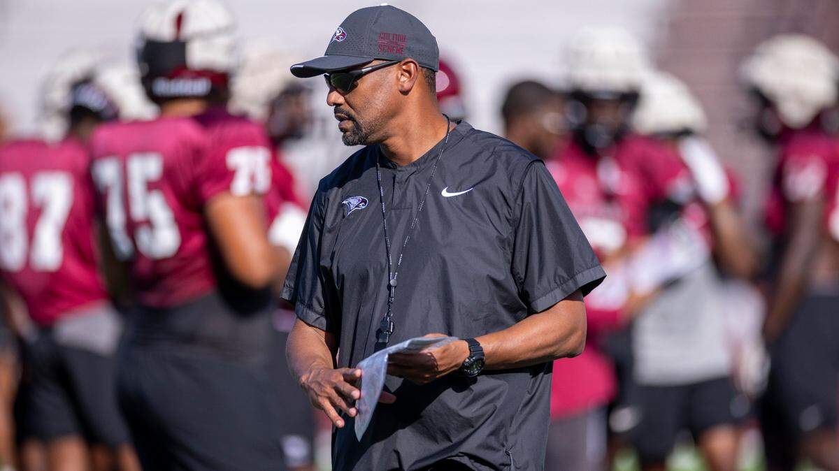 NC Central head football coach Trei Oliver leads his team during a practice at O’Kelly-Riddick Stadium on Thursday, Sept. 5,,2024.