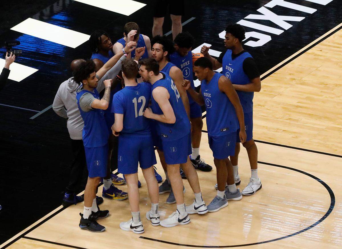 Duke players huddle during practice on Thursday, March 28, 2024, prior to the Blue Devils’ Sweet 16 matchup against Houston at American Airlines Center in Dallas, Texas.