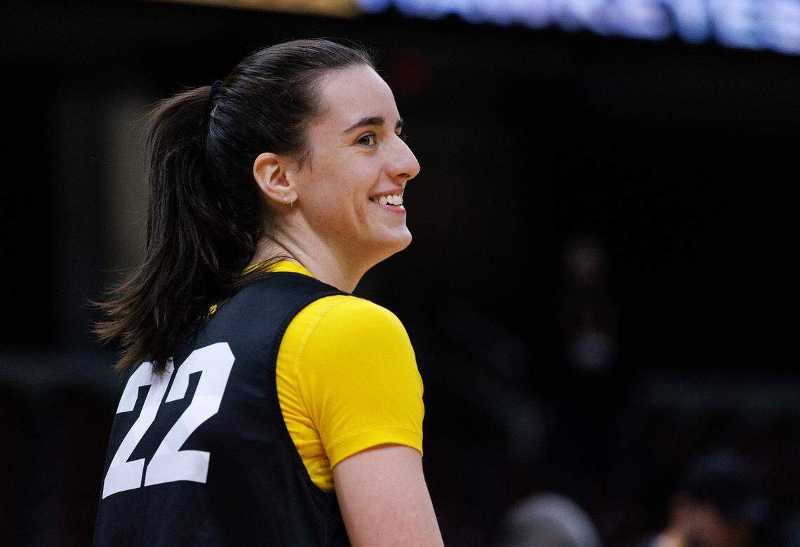 Iowa’s Caitlin Clark smiles during practice at Rocket Mortgage FieldHouse on Thursday, April 4, 2024, in Cleveland, Ohio. The Hawkeyes will face UConn in the Final Four on Friday.