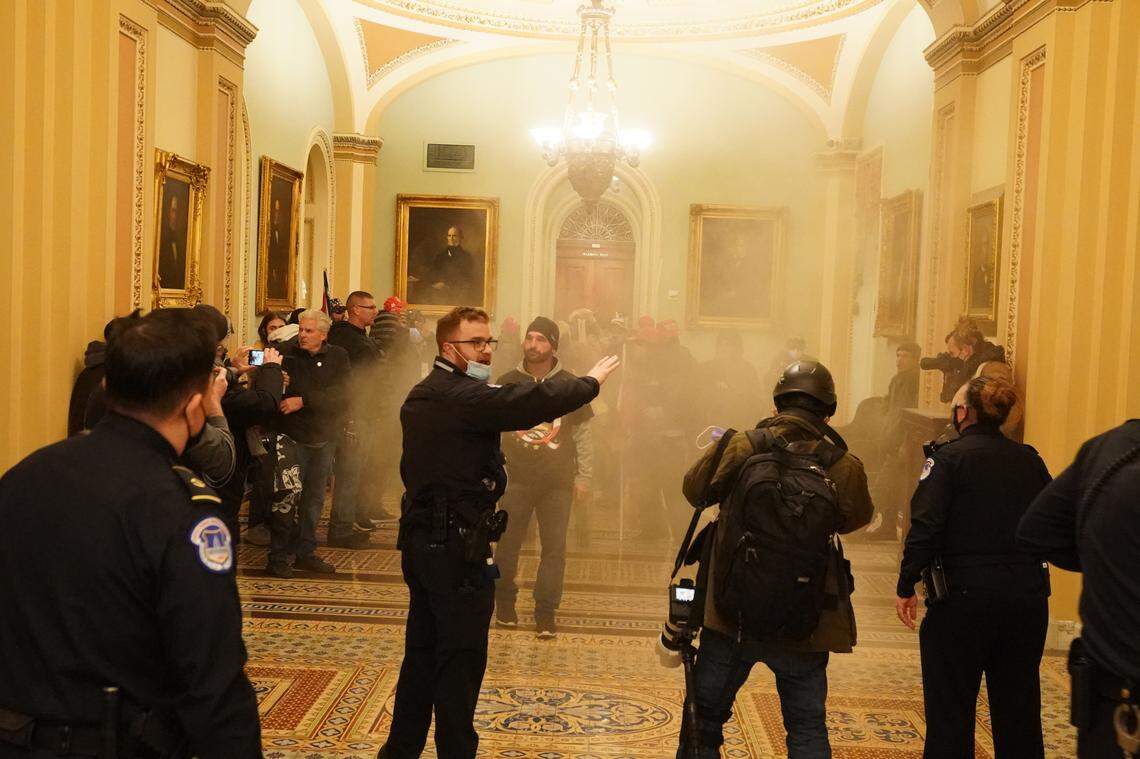 People protesting the presidential election results inside the Capitol in Washington on Wednesday, Jan. 6, 2020. The Capitol building was placed on lockdown, with senators and members of the House locked inside their chambers, as Congress began debating President-elect Joe Biden’s victory. President Trump addressed supporters near the White House before protesters marched to Capitol Hill. (Erin Schaff/The New York Times)