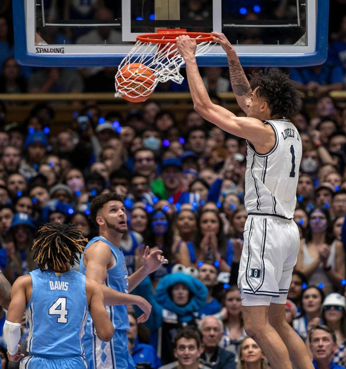 Duke’s Dereck Lively II (1) dunks to give the Blue Devils a 59-57 lead with 1:32 to play and helping to secure their 63-57 win over North Carolina on Saturday, February 4, 2023 at Cameron Indoor Stadium in Durham, N.C.