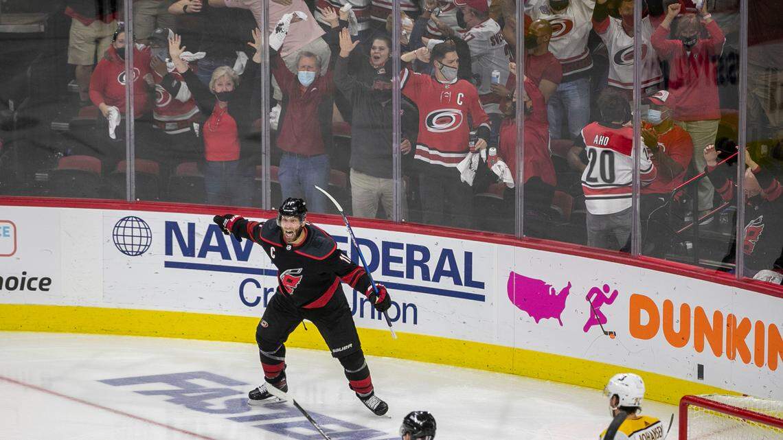 Carolina Hurricanes’ Jordan Staal (11) reacts after scoring in overtime to secure a 3-2 victory over Nashville in game five of their first round Stanley Cup Series on Tuesday, May 25, 2021 at PNC Arena in Raleigh, N.C.