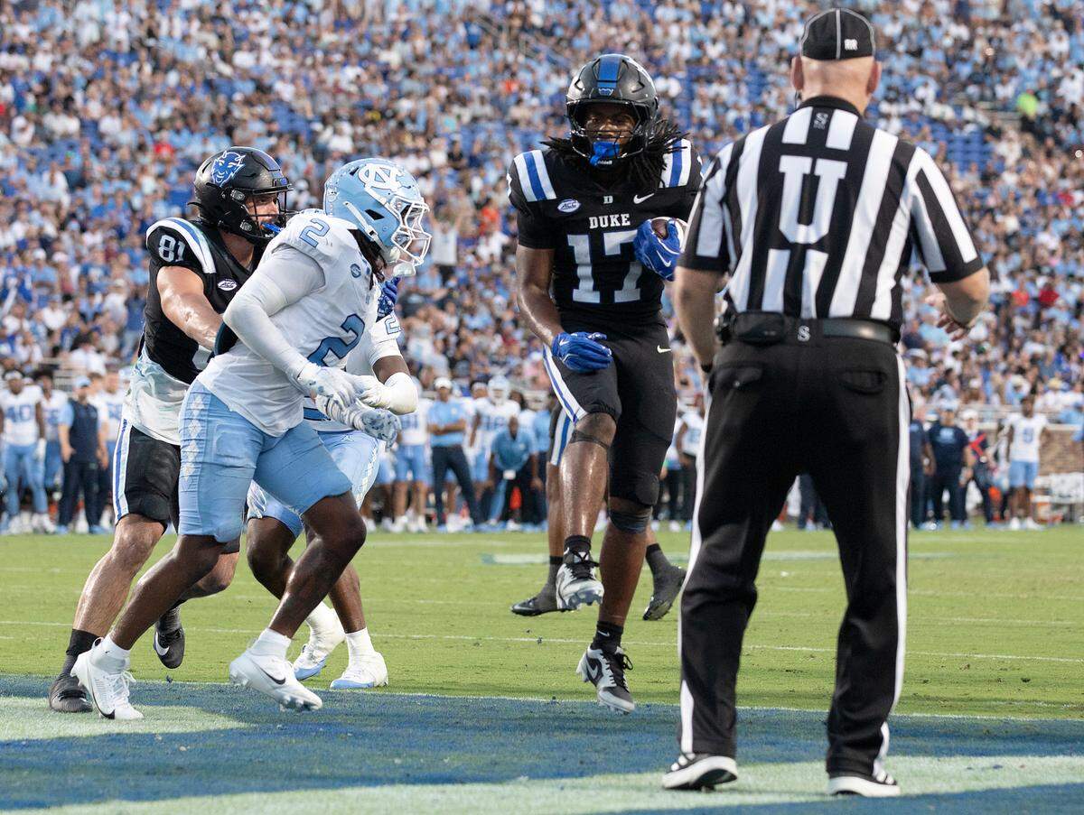 Duke’s Star Thomas runs the ball for a touchdown during the second half of the Blue Devils’ 21-20 win over North Carolina on Saturday, Sept. 28, 2024, at Wallace Wade Stadium in Durham, N.C.
