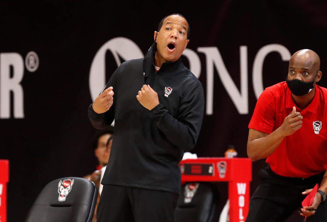 N.C. State’s head coach Kevin Keatts yells to his players in the first half of N.C. State’s game against Charleston Southern in the Wolfpack Invitational at Reynolds Coliseum in Raleigh, N.C., Wednesday, Nov. 25, 2020.