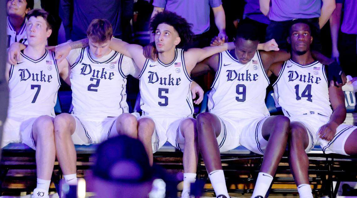 From left, Duke’s Kon Knueppel (7), Cooper Flagg (2), Tyrese Proctor (5), Khaman Maluach (9) and Sion James (14) wait to be introduced before the Blue Devils’ game against UNC at Cameron Indoor Stadium in Durham, N.C., Saturday, Feb. 1, 2025.