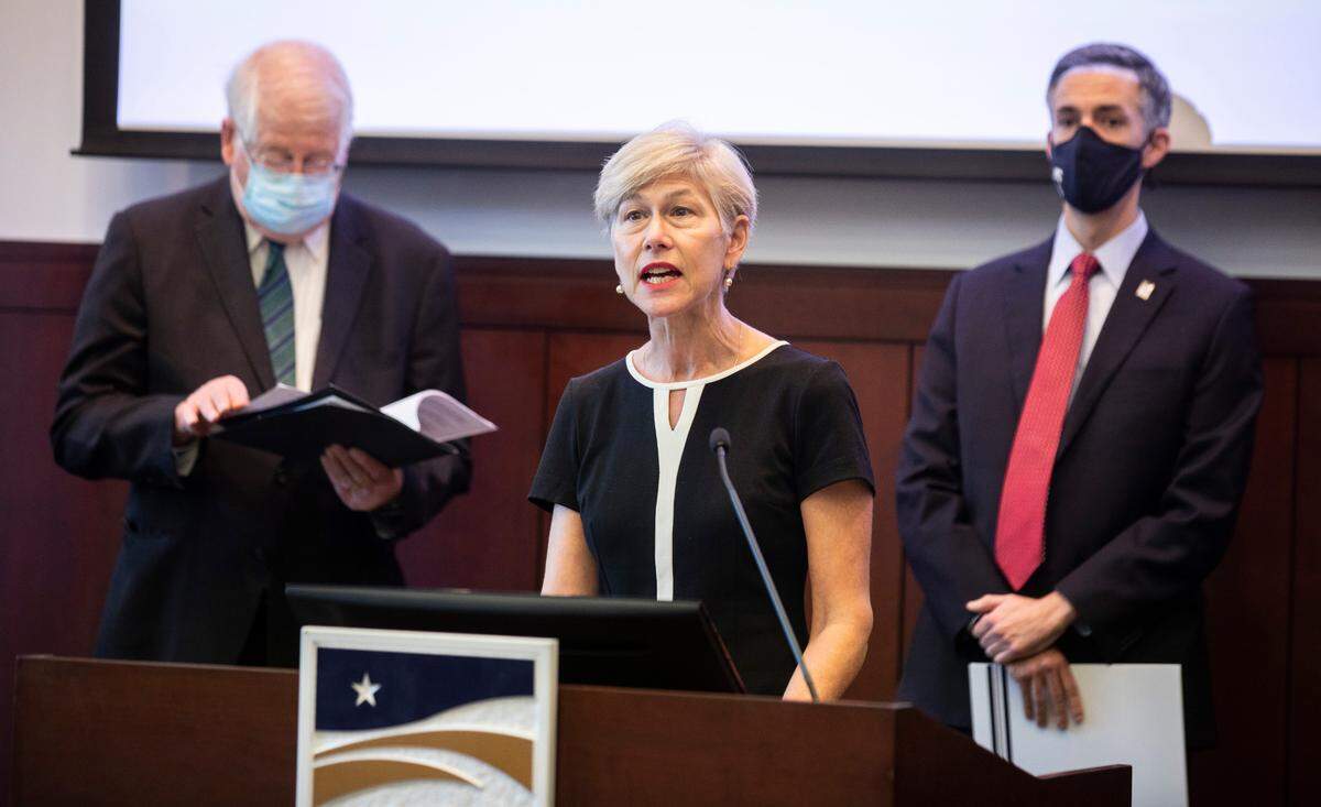 Rep. Deborah Ross speaks during a press conference at the Wake County Justice Center in Raleigh, N.C. on Friday, Nov. 12, 2021 about the construction of a new local government DNA lab, the second of its kind in the state.